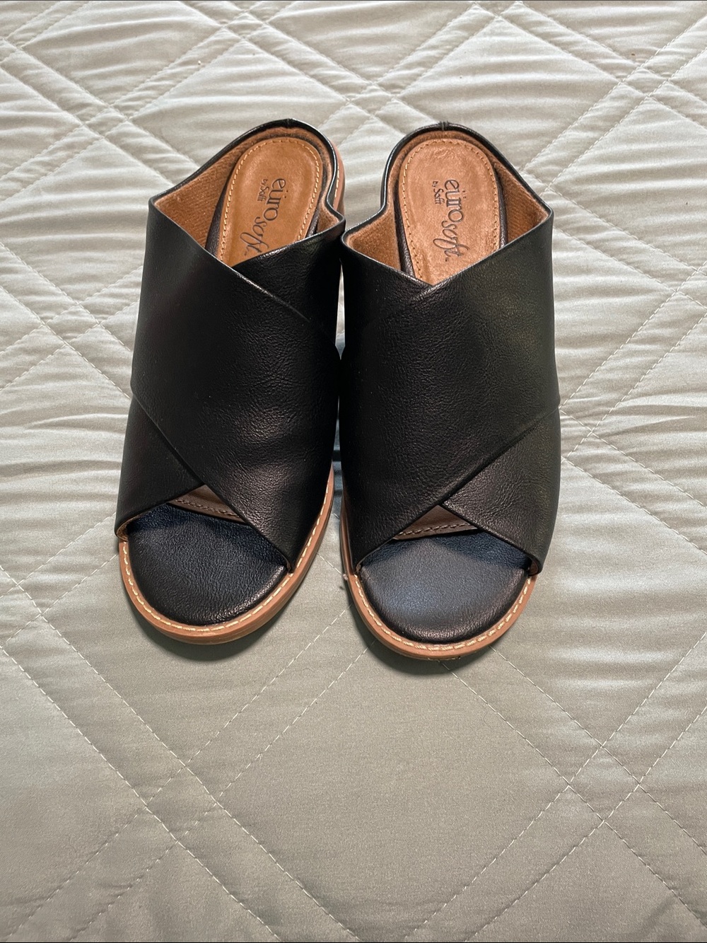 Eurosoft Black Leather Cross Band Mule Slides